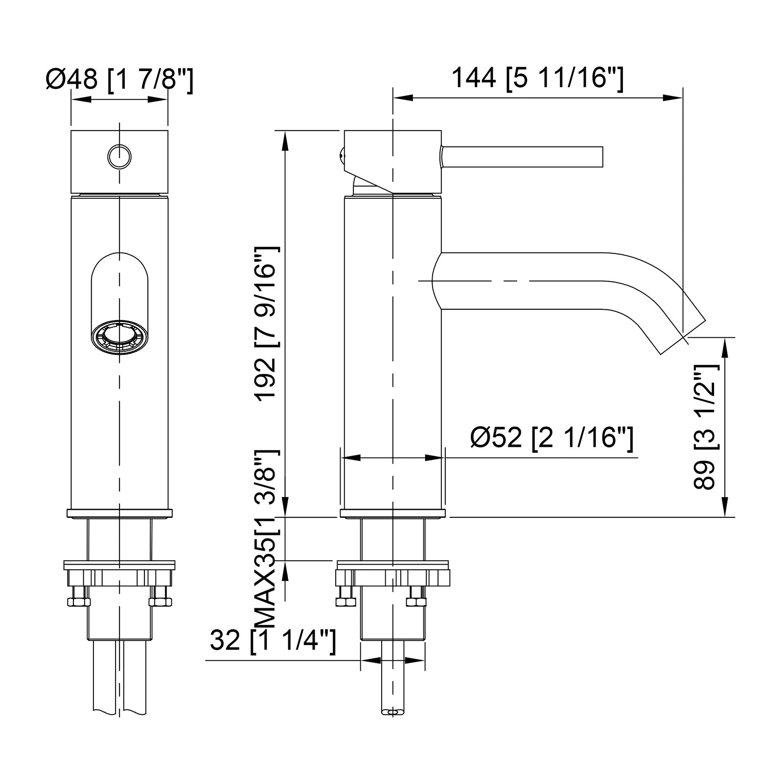 Technical drawing with dimensions for basin mixer EUH 13V