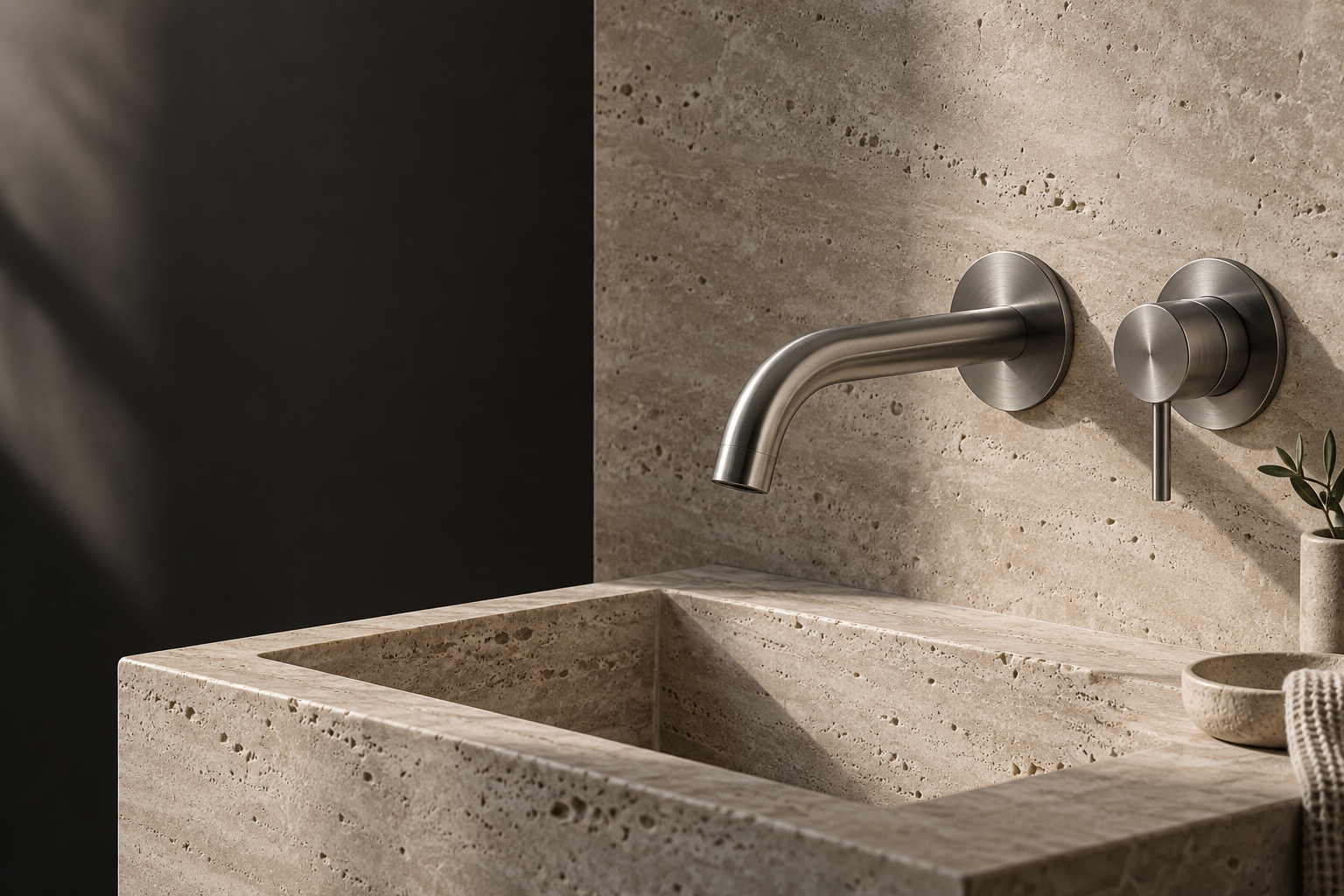 Illustrative brushed metal wall-mounted tap above a stone basin