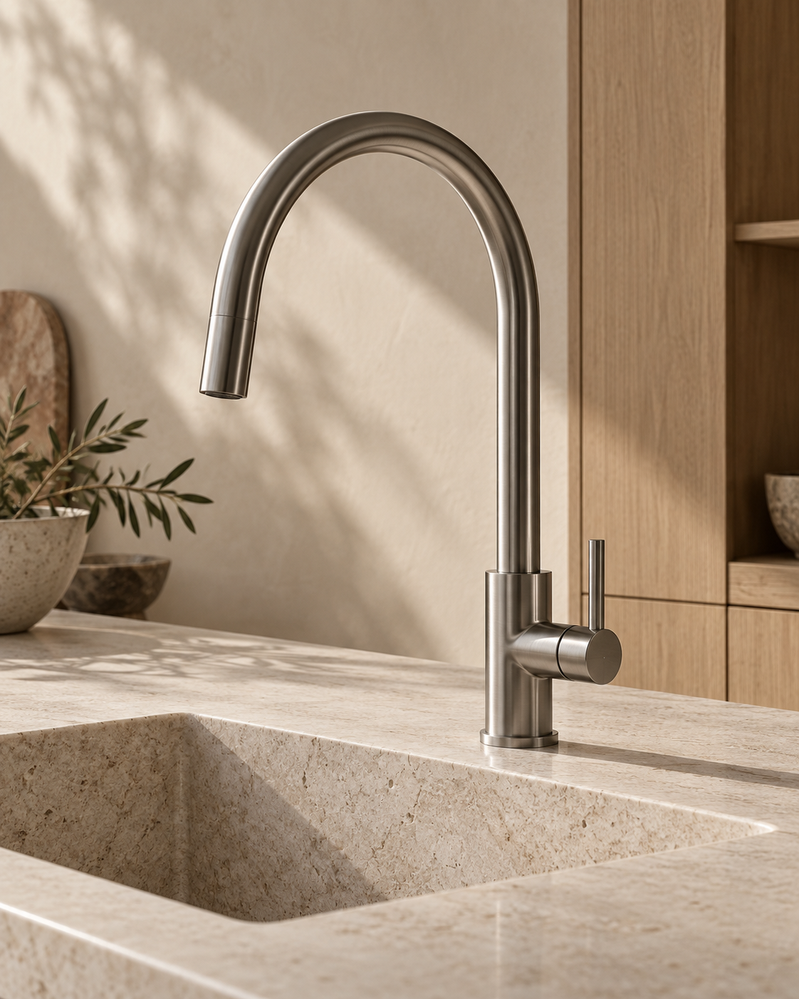 Illustrative kitchen mixer and natural stone